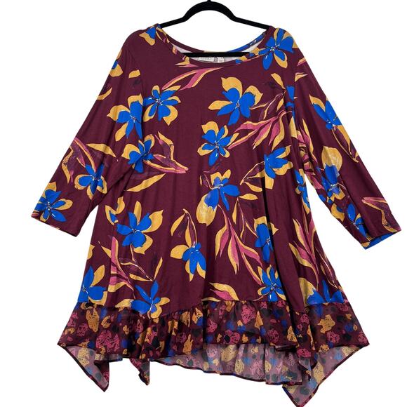LOGO Lori Goldstein Tunic Blouse Top Size 2X Red Floral Chiffon Hem 3/4 Sleeve - Picture 3 of 11